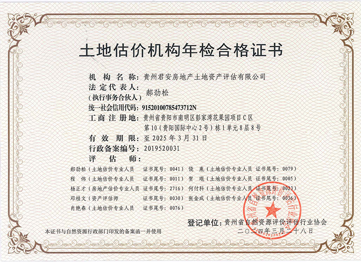 土地估價(jià)機(jī)構(gòu)年檢合格證書(shū)